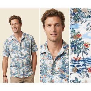 Island Shores Hawaiian Print Shirt Palm Trees Ocean Surfers XXL All Cotton Beach